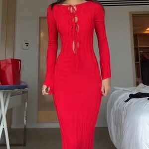 MESHKI Long Sleeve Knit Maxi Dress - Red
